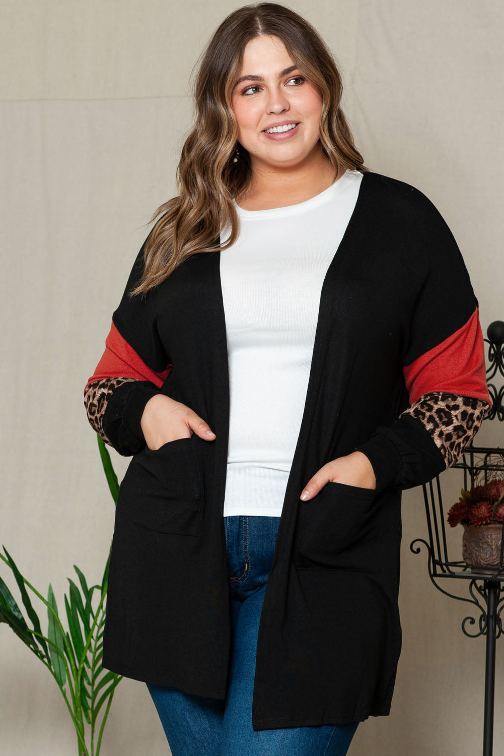 Black Leopard Color Block Sleeve Plus Size Cardigan