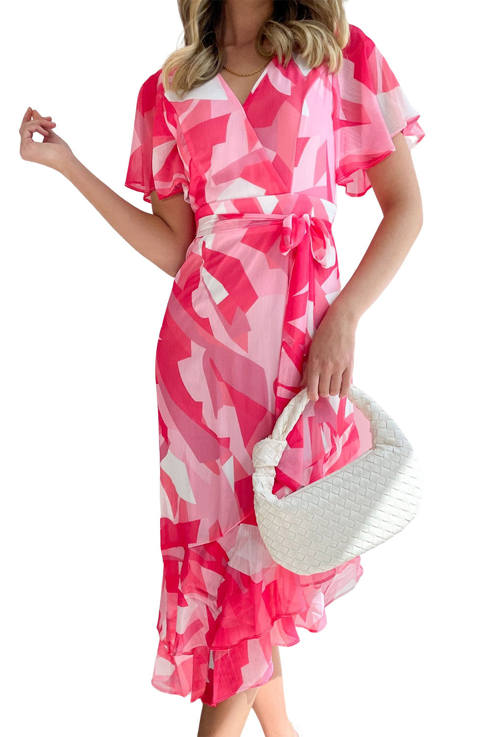 Rose Abstract Print Asymmetric Ruffle Hem Belted Dress