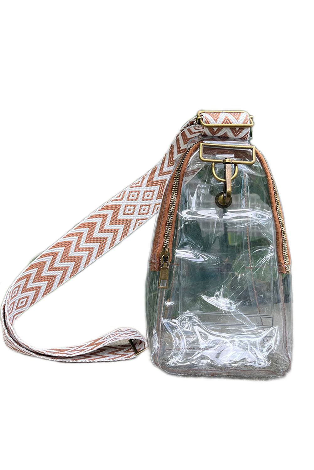 Brown Chevron Embroidered Strap Vintage PVC Shoulder Bag