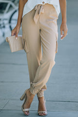 Khaki Side Pockets Slim Fit Knotted High Waist Pants