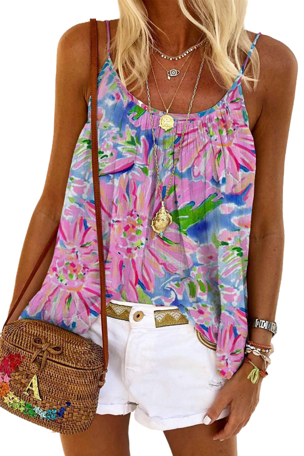 Pink Abstract Floral Print Loose Fit Spaghetti Strap Tank Top