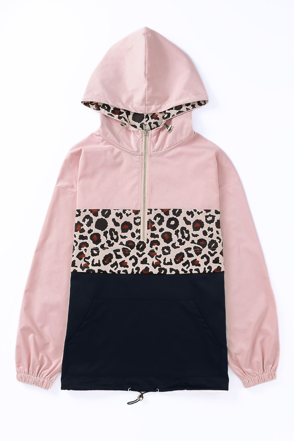 Black Leopard Patchwork Half Zip Pocketed Pullover Hoodie