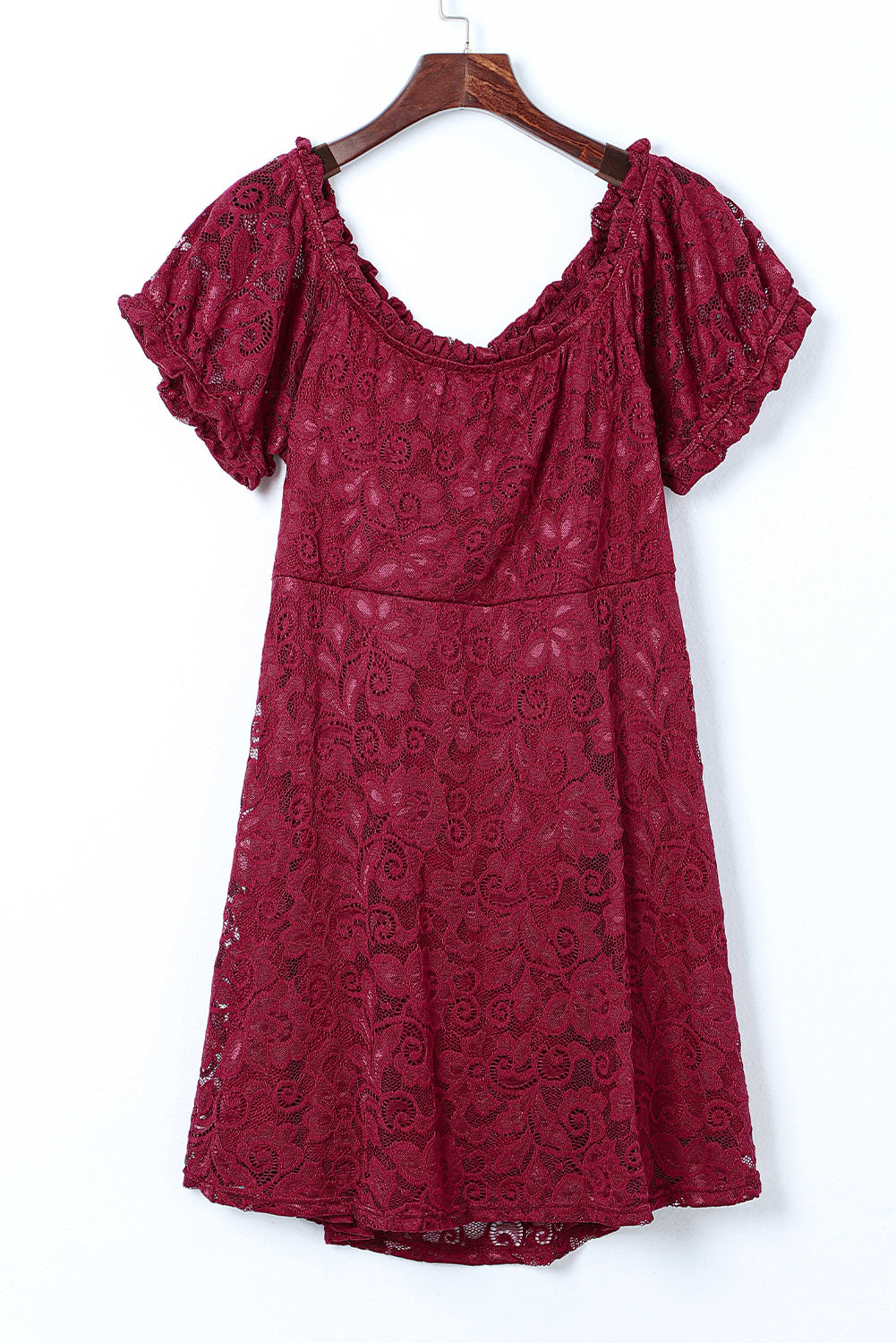 Red Lace Frill Bubble Sleeve Off Shoulder Plus Size Dress