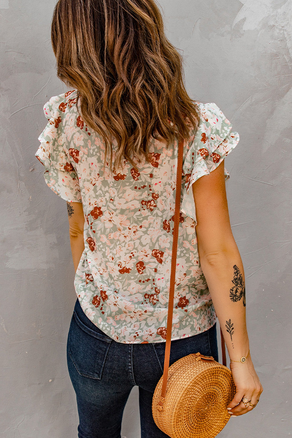 Green Floral Ruffle Short Sleeve Tee