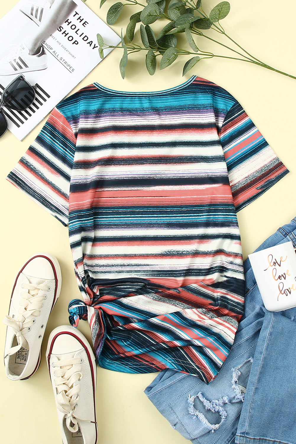 Multicolor Striped Crisscross Neck Short Sleeve Top