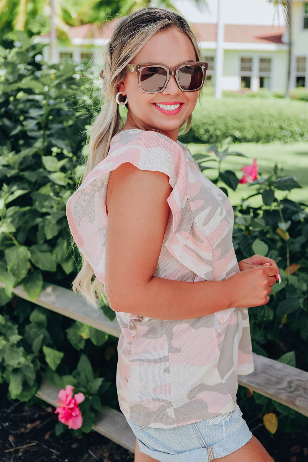 White Camo Print Ruffle Trim Tank Top