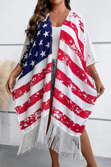 Multicolor Plus Size American Flag Tasseled 3/4 Sleeve Cardigan