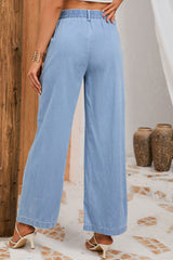 Sky Blue High Waist Pleated Wide Leg Jeans