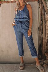 Blue High Waist Buttons Sleeveless Denim Romper