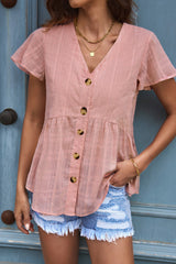 Pink Short Sleeves Buttoned Peplum Shirt