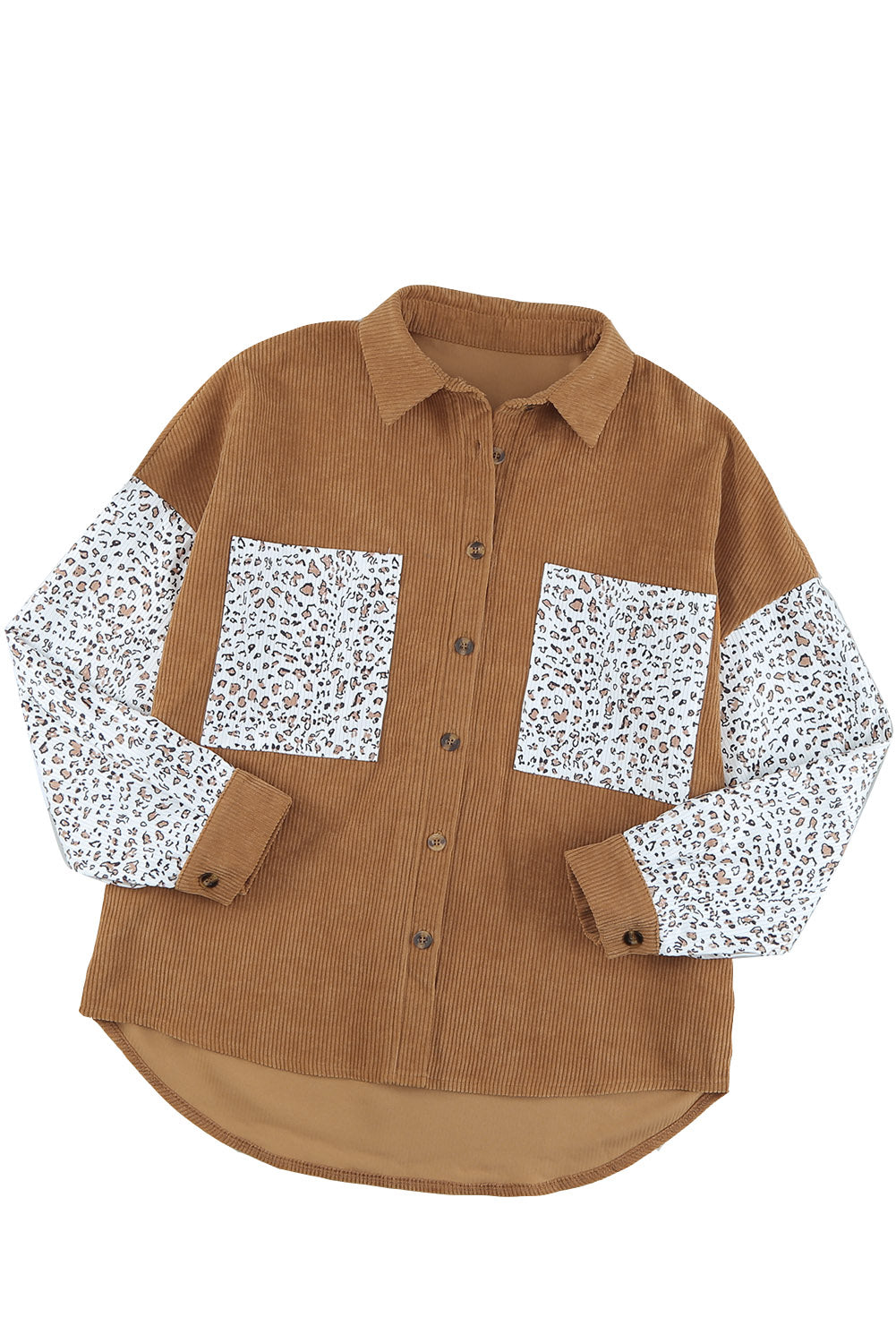 Gray Leopard Patchwork Corduroy Buttoned Shirt Jacket