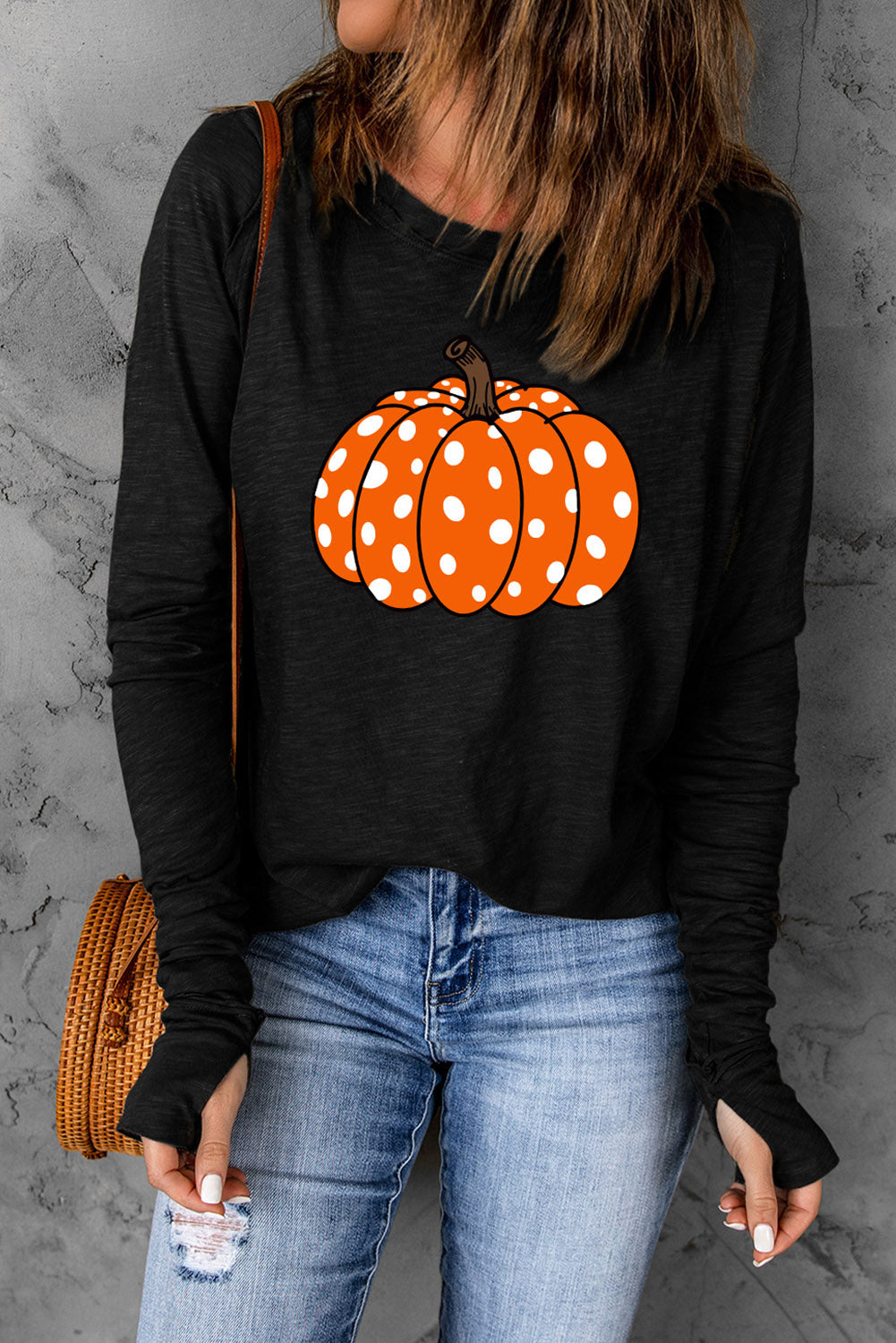 Black Halloween Pumpkin Graphic Thumbhole Sleeve Top