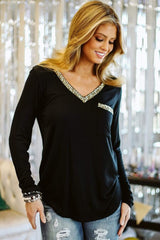 Black Glitter V Neck Chest Pocket Long Sleeve Top