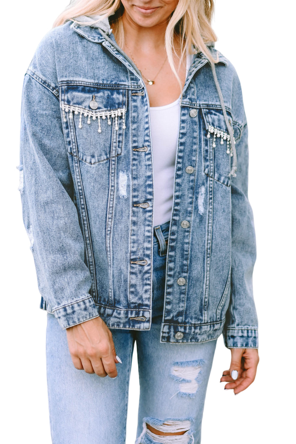 Sky Blue Rhinestone Fringed Pocket Buttoned Hooded Denim Jacket