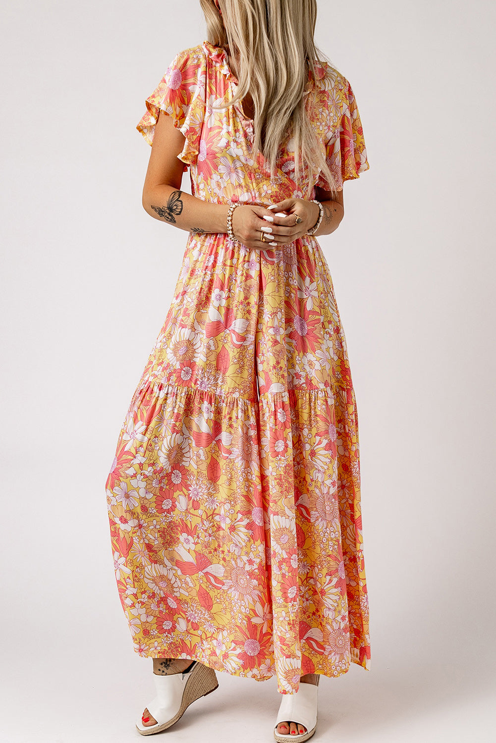 Orange Floral Print Ruffled V Neck High Waist Jumpsuit