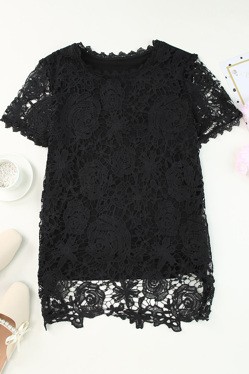 Black Lace Overlay Short Sleeve Top