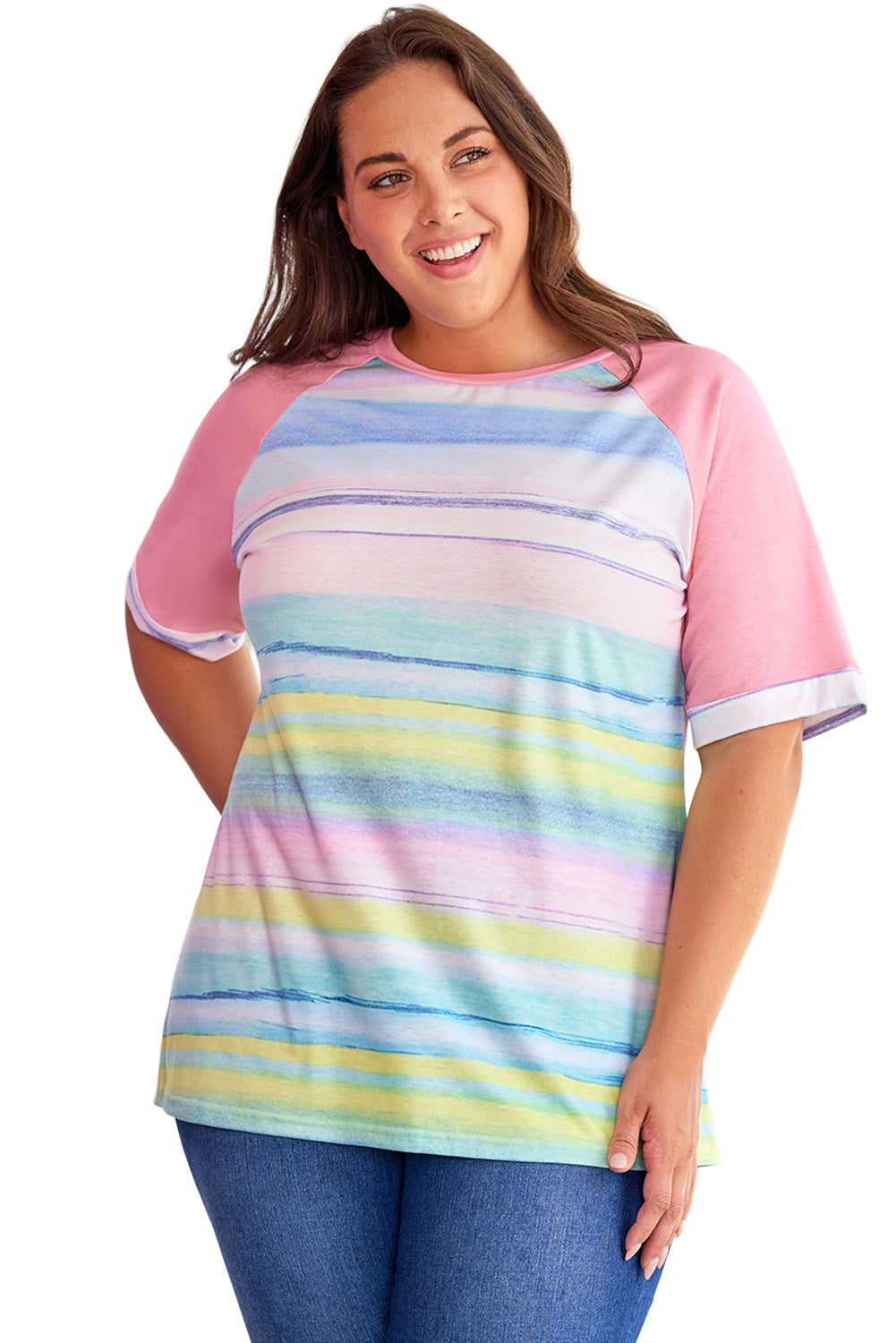 Multicolor Striped Plus Size Raglan Sleeve Top