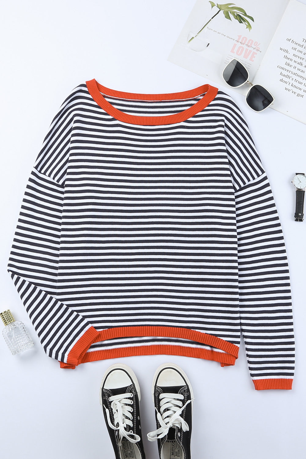 Contrast Trimmed Striped Drop Shoulder Sweater