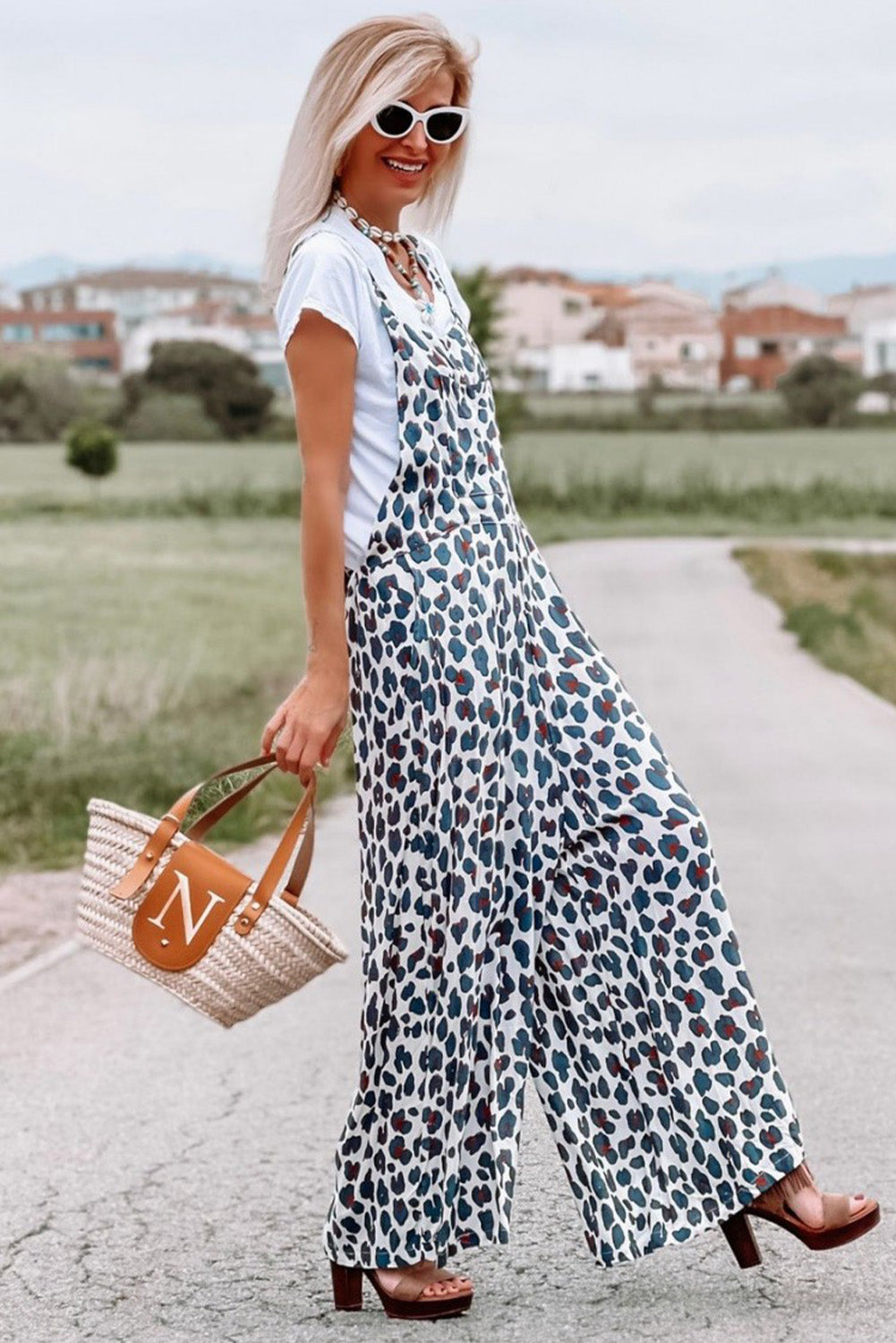 White Wide Leg Leopard Print Jumpsuit Overalls