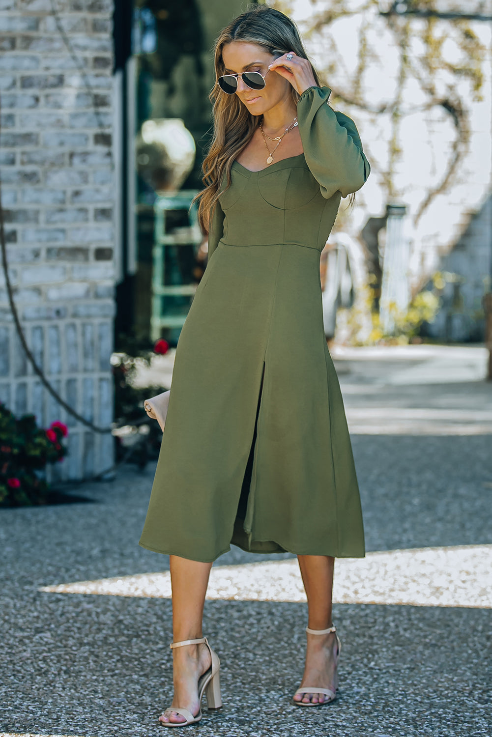 Green Square Neck Bishop Sleeves Shirred Midi Dress with Slit