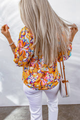 Yellow Floral Print Elastic Neckline Blouse