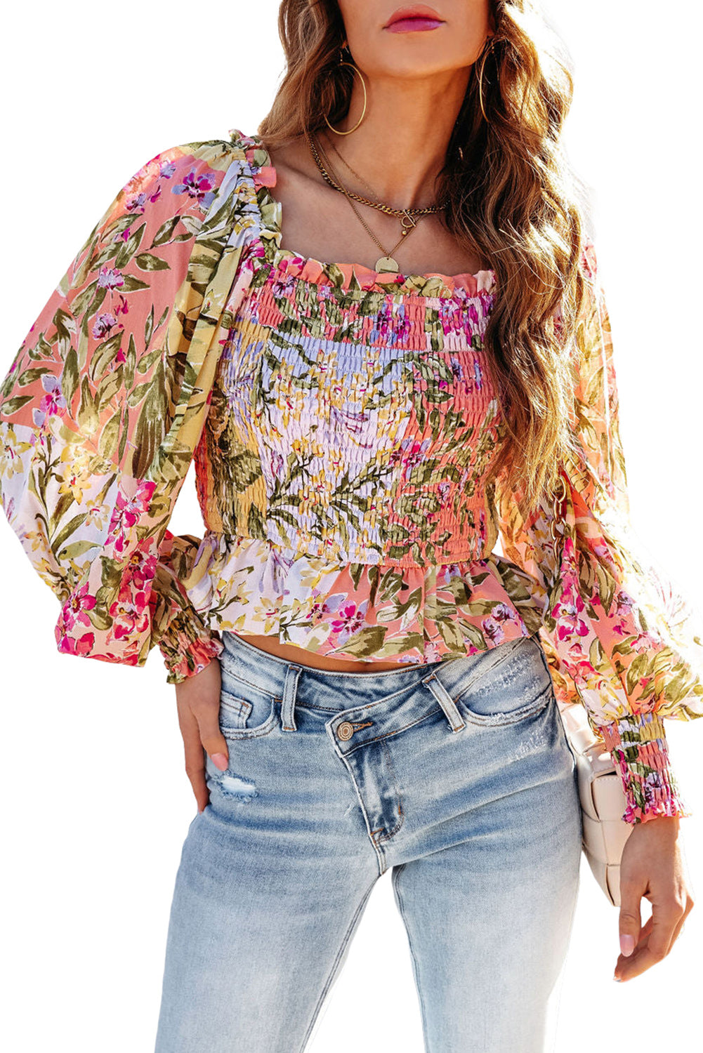 Multicolor Smocked Floral Frilled Trim Square Neck Blouse