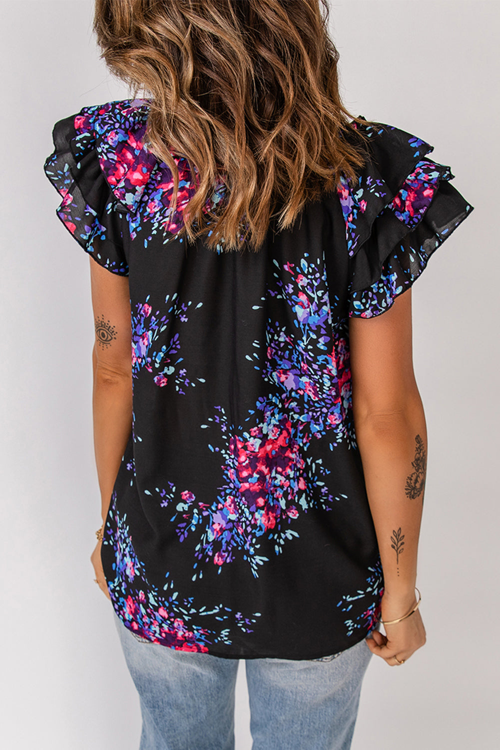 Black Butterfly Sleeves Split V Neck Tie-dye Print Blouse