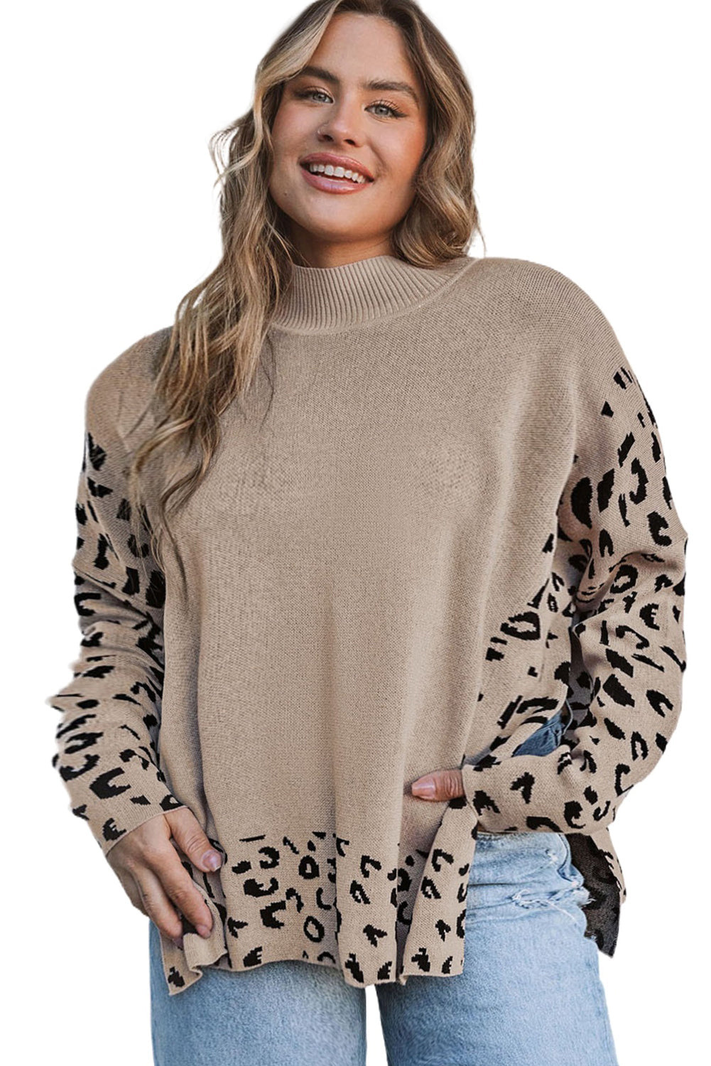 Khaki Leopard High Neck Side Slit Oversized Sweater