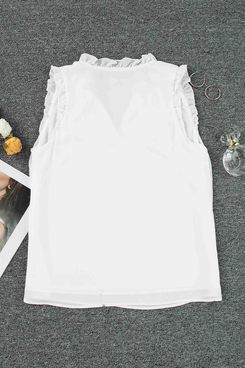 White Solid Color V Neck Frill Trim Tank Top