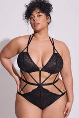 Black Plus Size Lace Strappy Caged Teddy Lingerie