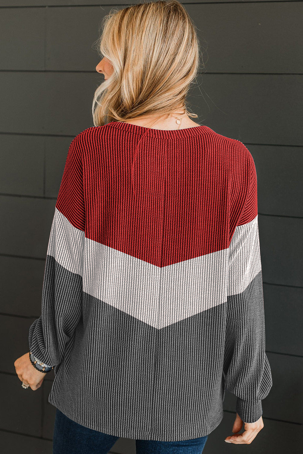 Medium Grey Color Block Corded Texture Long Sleeve Top