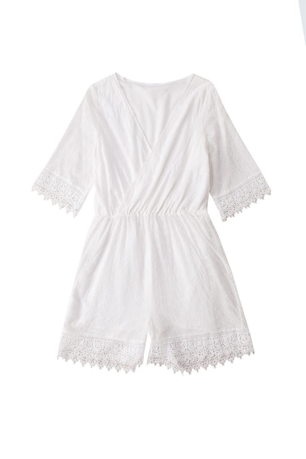 White V Neck Lace Trim Embroidered High Waist Romper