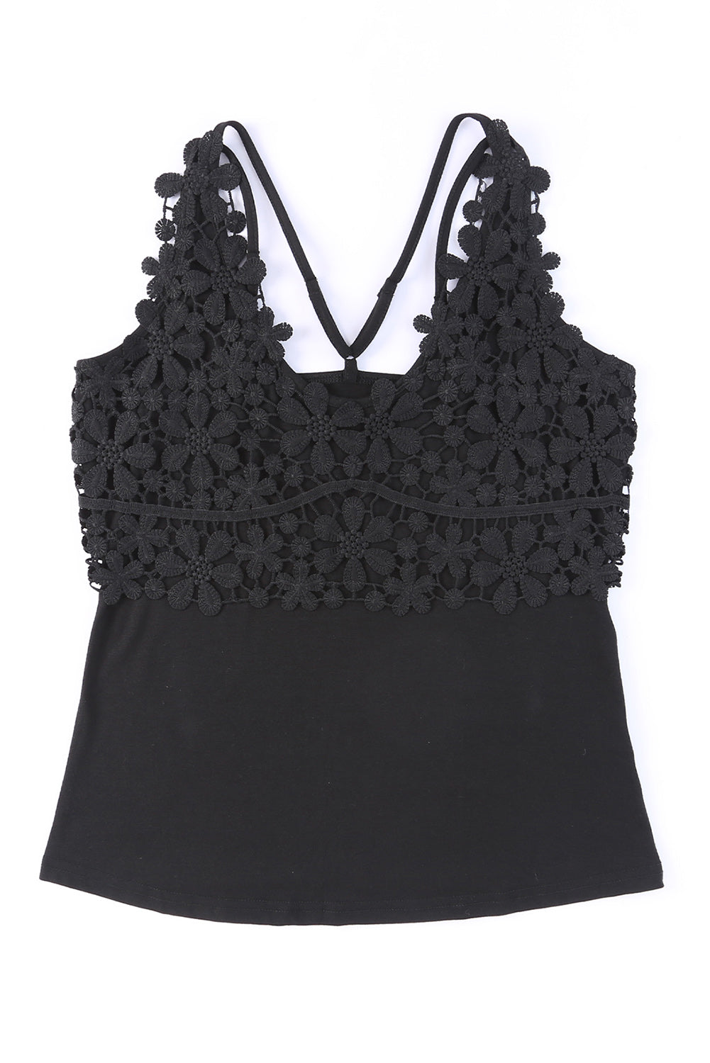 Black V Neck Floral Crochet Tank Top