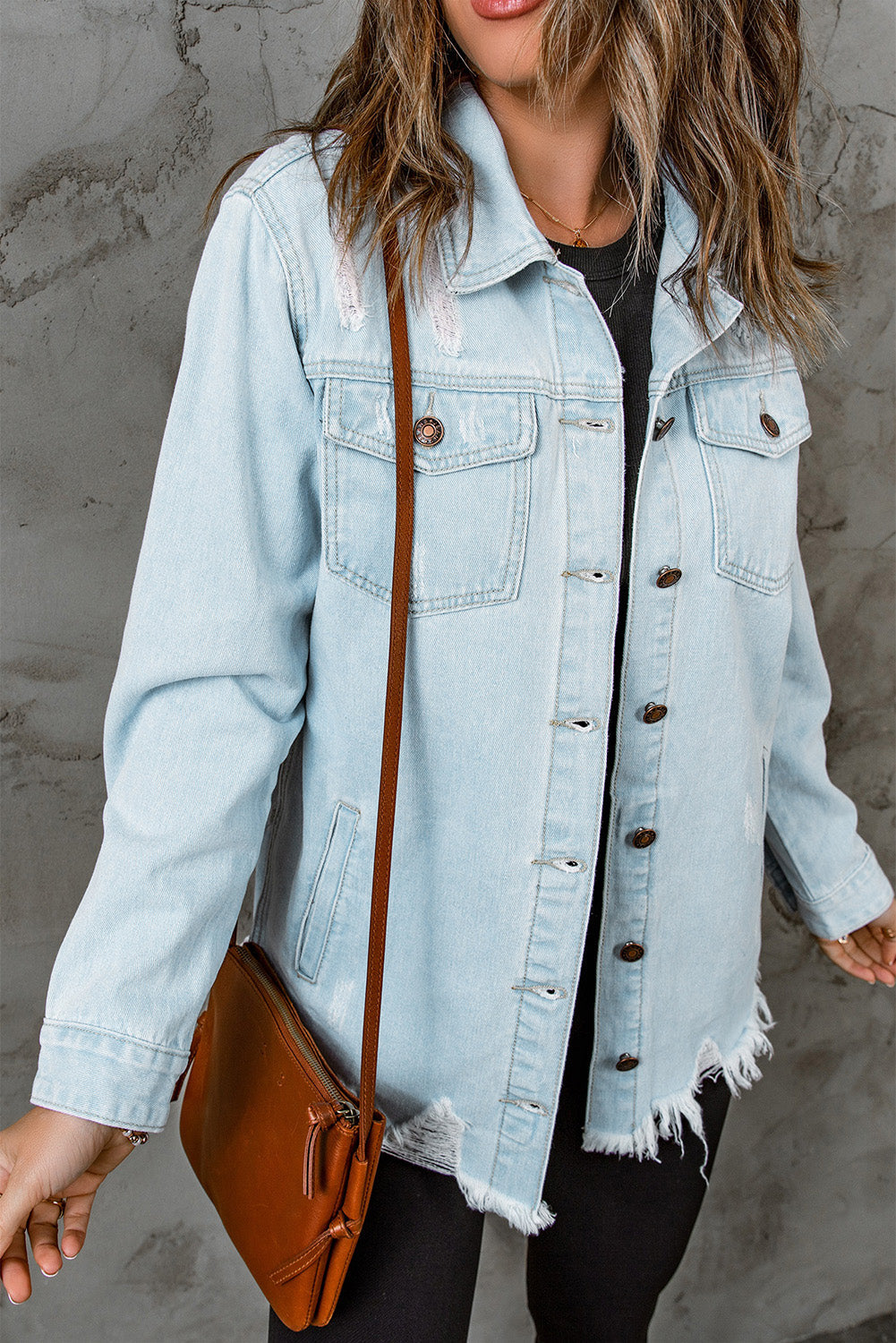 Sky Blue Light Wash Pocketed Distressed Denim Jackets