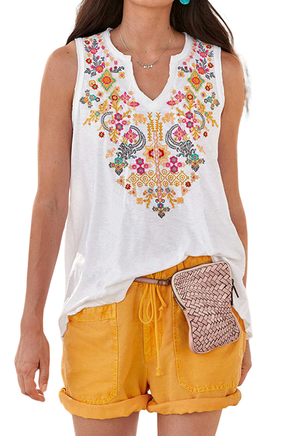 White Bohemian Floral Print Notched V Neck Tank Top