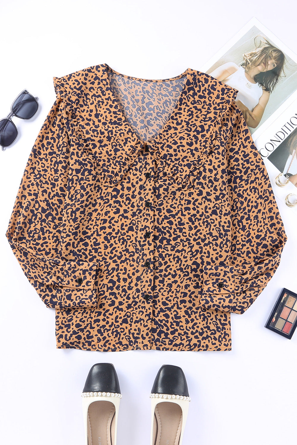 Leopard Print Buttoned Frilled V Neck Top