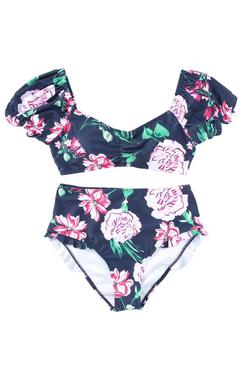 Blue Orchid Printed Bubble Sleeve Bikini 2pcs Swimsuit