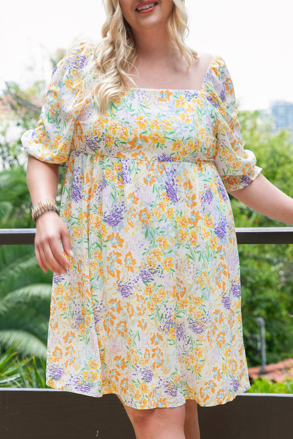 Multicolor Plus Size Floral Print Ruffle Bubble Sleeve Babydoll Dress