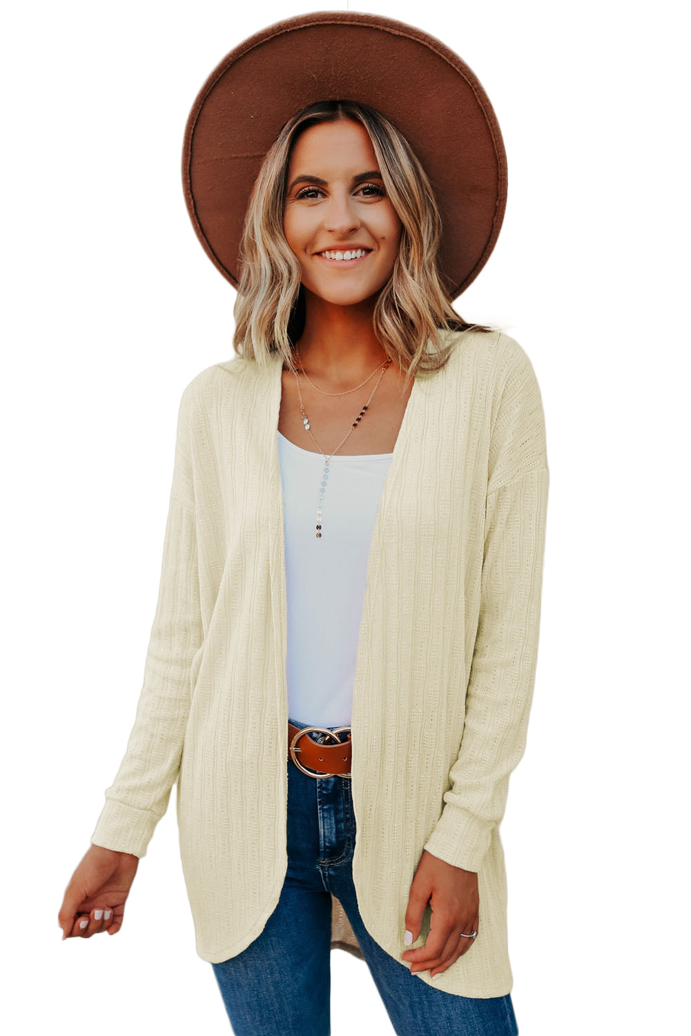 Beige Open Front Rounded Hem Textured Knit Cardigan