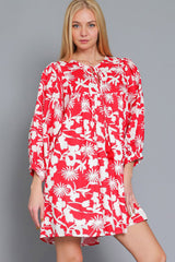 Red Floral Print Puff Sleeve Split Neck Babydoll Mini Dress