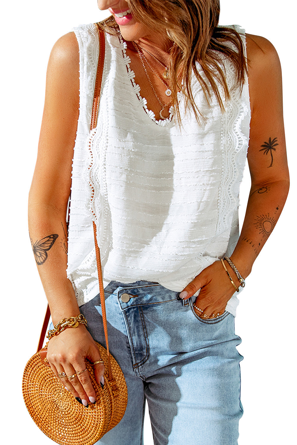 White Lace Crochet Keyhole Back V Neck Tank Top