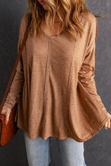 Brown Seamed Loose Fit V Neck Long Sleeve Top