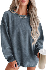 Blue Solid Ribbed Knit Round Neck Pullover Sweatshirt