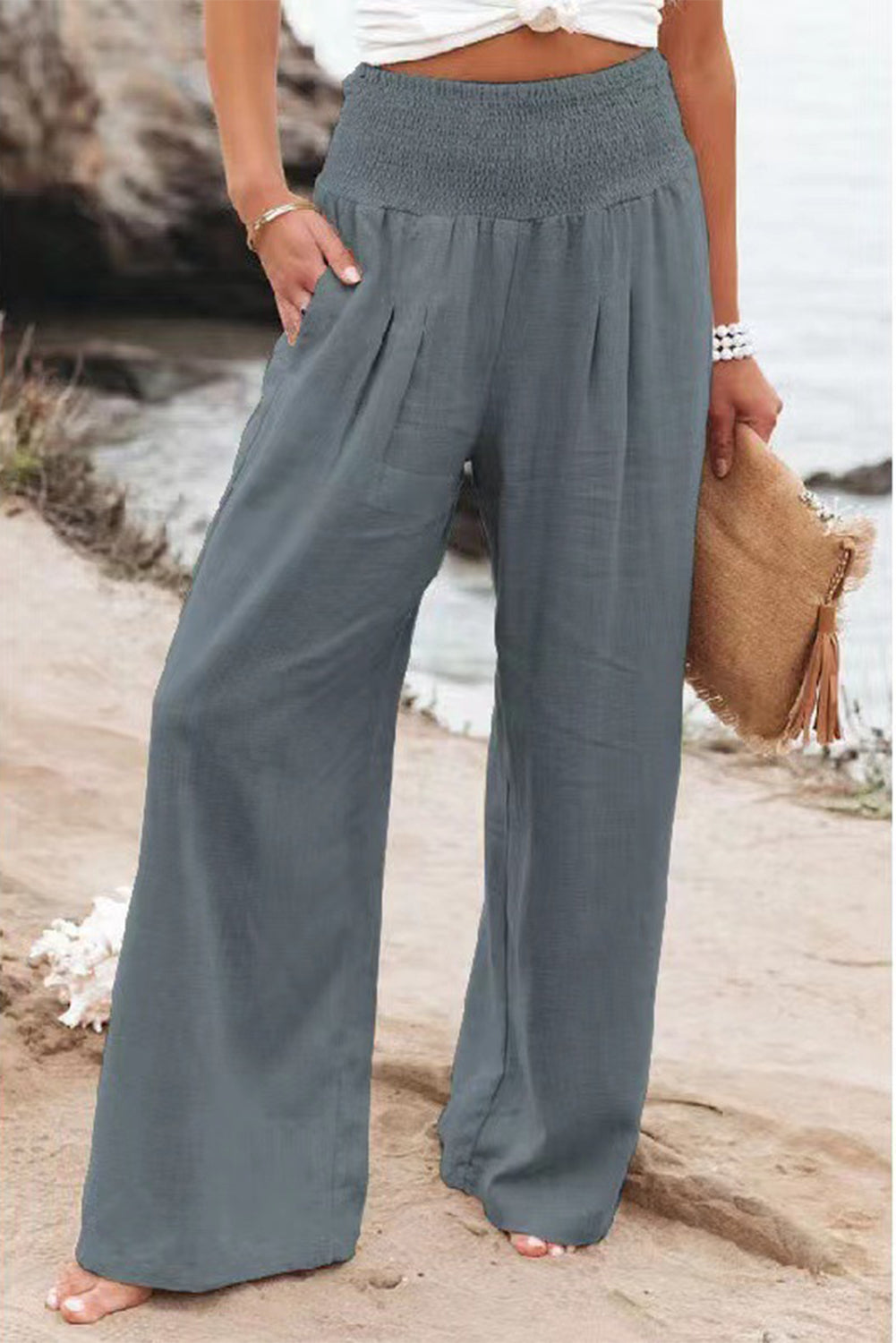 Black Smocked Wide Waistband High Waist Wide Leg Pants