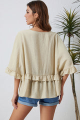 Apricot V Neck Draped Batwing Sleeve Ruffle Top