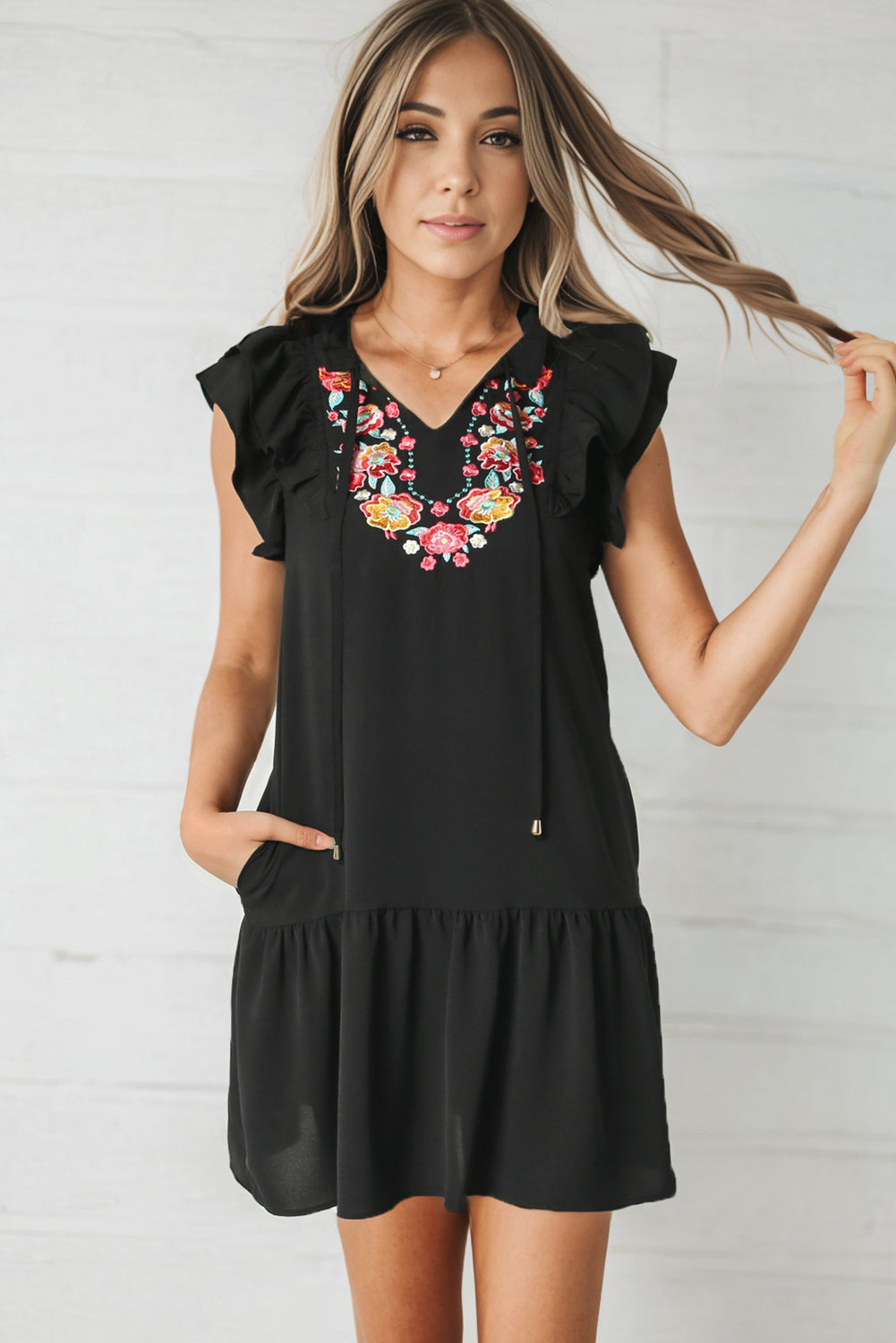 Black Floral Embroidered Ruffle Sleeve Shift Dress