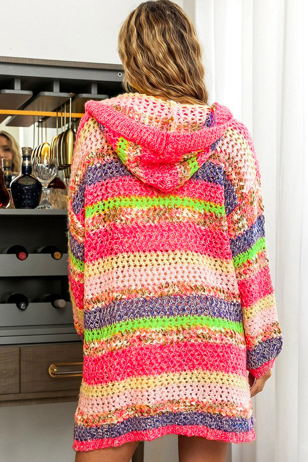 Rose Striped Knitted Hooded Open Front Cardigan