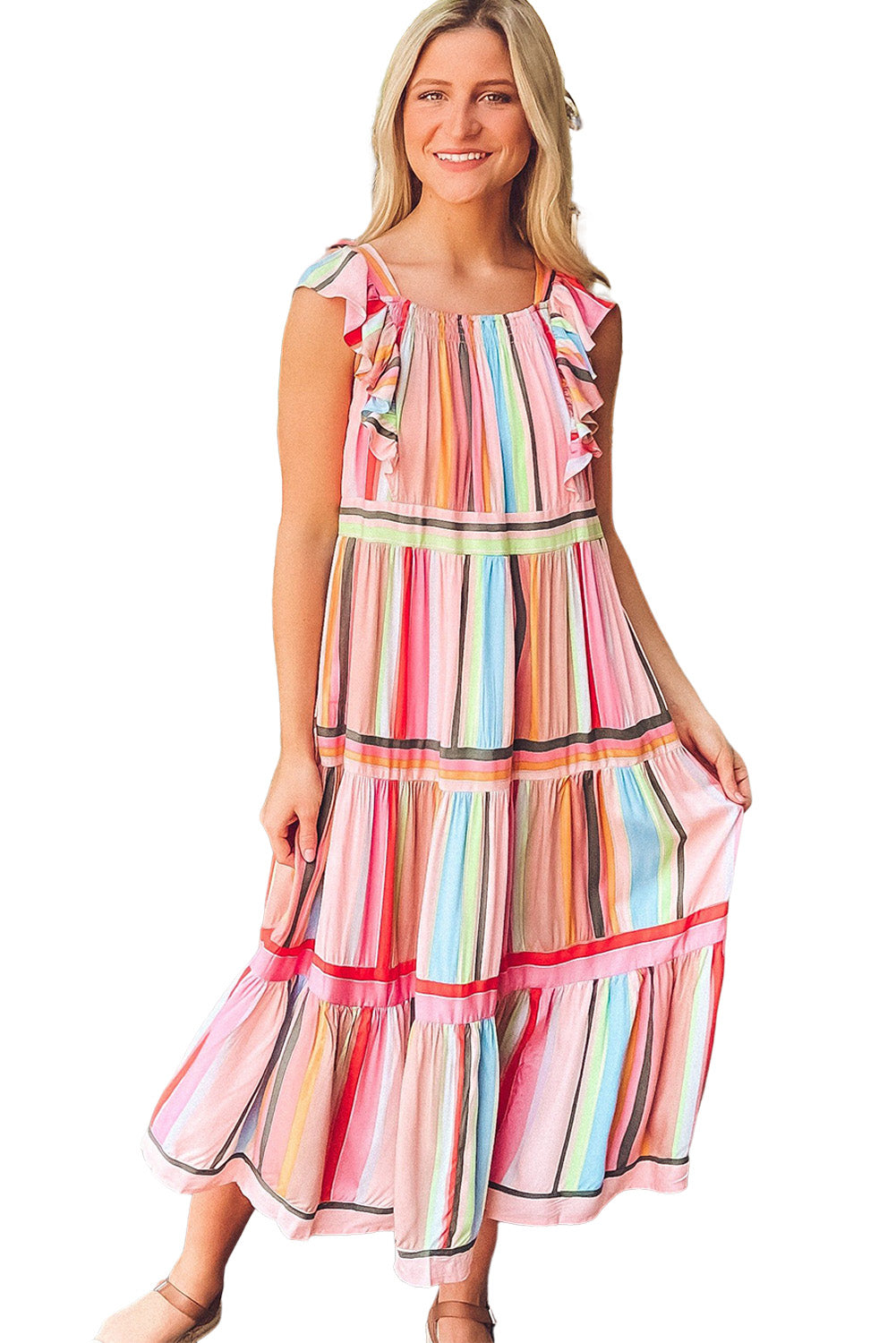 Pink Rainbow Stripe Ruffles Ruched Tiered Dress