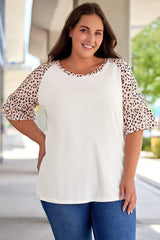 Leopard Splice Ruffle Half Sleeve Plus Size T Shirt