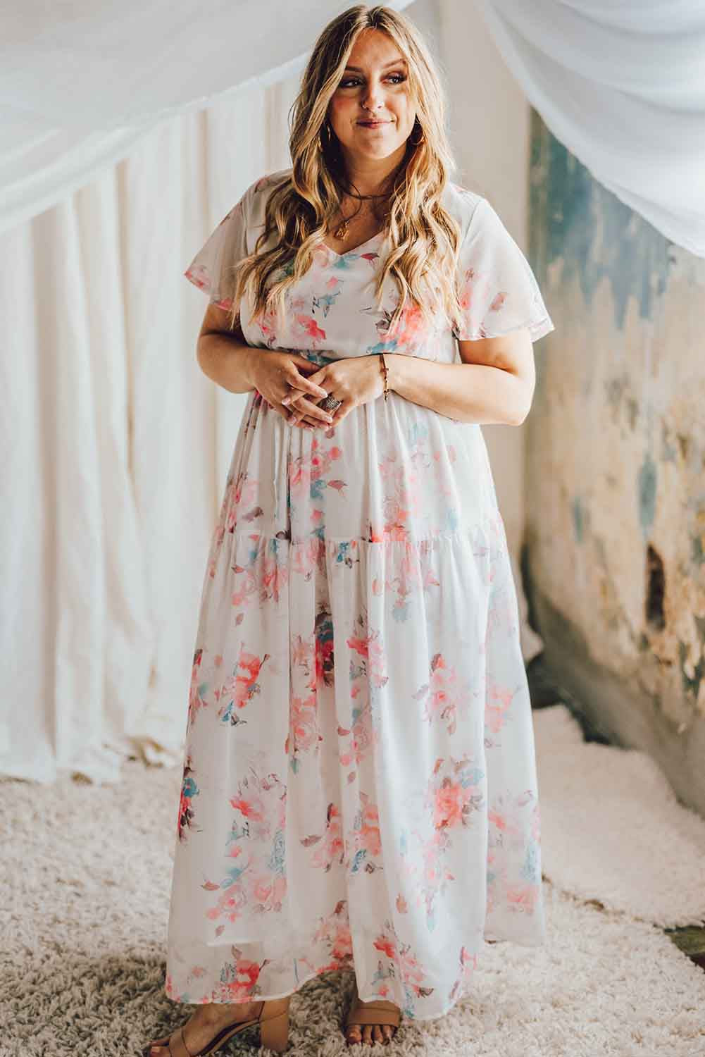 White V Neck Short Sleeves Floral Print Maxi Dress